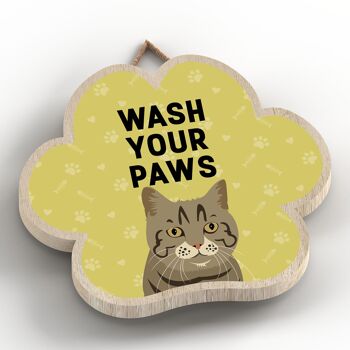 P5986 - Tabby Cat Wash Your Paws Katie Pearson Artworks Plaque à suspendre en bois en forme d'empreinte de patte 2