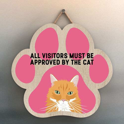 P5987 - Ginger Cat All Visitors Approved By The Cat Katie Pearson Artworks Pawprint Shaped Wooden Hanging Plaque