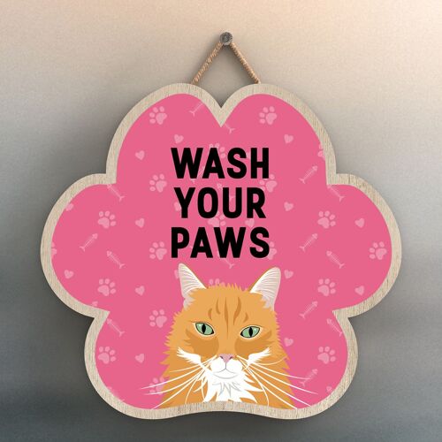 P5988 - Ginger Cat Wash Your Paws Katie Pearson Artworks Pawprint Shaped Wooden Hanging Plaque