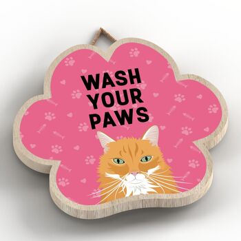 P5988 - Ginger Cat Wash Your Paws Katie Pearson Artworks Plaque à suspendre en bois en forme d'empreinte de patte 2
