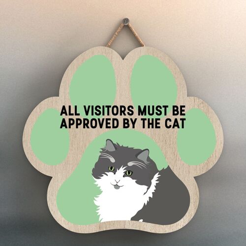 P5989 - Grey & White Cat All Visitors Approved By The Cat Katie Pearson Artworks Pawprint Shaped Wooden Hanging Plaque