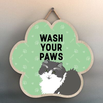 P5990 - Grey & White Cat Wash Your Paws Katie Pearson Artworks Pawprint Shaped Wooden Hanging Plaque