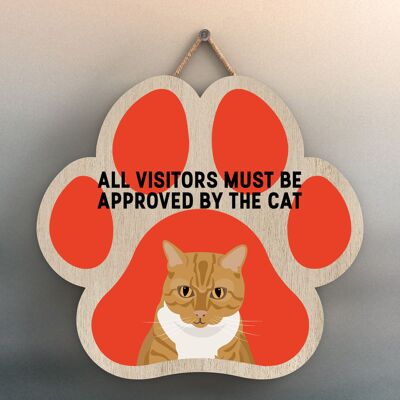 P5991 - Ginger Tabby Cat All Visitors Approved By The Cat Katie Pearson Artworks Pawprint Shaped Wooden Hanging Plaque