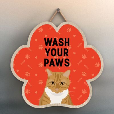 P5992 – Ginger Tabby Cat Wash Your Paws Katie Pearson Kunstwerke Pfotenabdruck geformtes Holzschild zum Aufhängen
