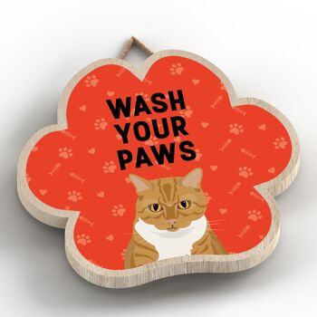 P5992 - Ginger Tabby Cat Wash Your Paws Katie Pearson Artworks Plaque à suspendre en bois en forme d'empreinte de patte 2