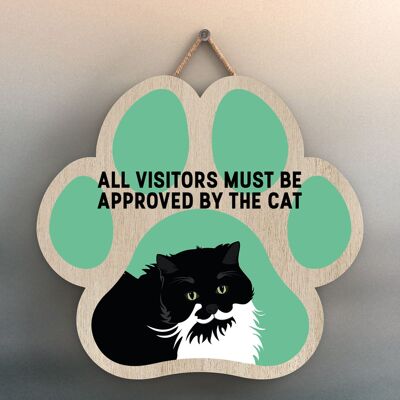 P5993 - Gatto bianco e nero Tutti i visitatori approvati dal gatto Katie Pearson Opere d'arte Placca da appendere in legno a forma di impronta di zampa
