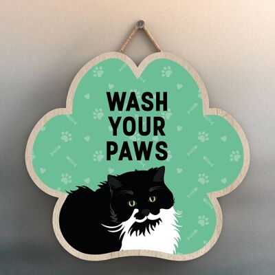 P5994 - Black & White Cat Wash Your Paws Katie Pearson Artworks Pawprint Shaped Wooden Hanging Plaque