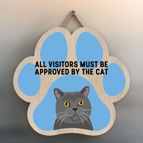 P5995 - Grey Cat All Visitors Approved By The Cat Katie Pearson Artworks Pawprint Shaped Wooden Hanging Plaque