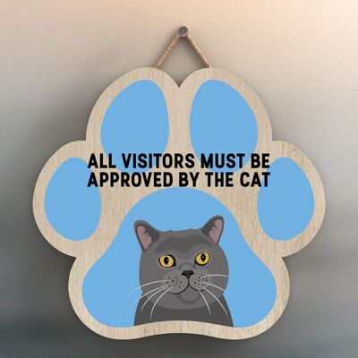 P5995 - Gatto grigio Tutti i visitatori approvati dal gatto Katie Pearson Opere d'arte Placca da appendere in legno a forma di impronta di zampa