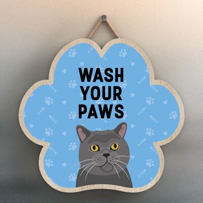 P5996 - Grey Cat Wash Your Paws Katie Pearson Artworks Pawprint Shaped Wooden Hanging Plaque