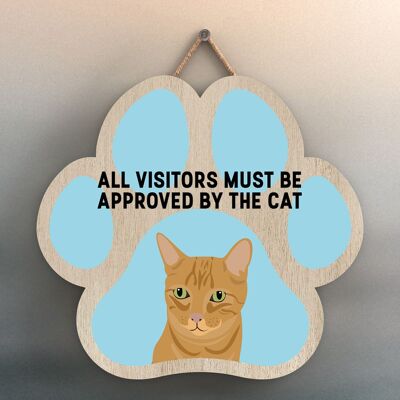 P5997 – Ginger Tabby Cat Alle Besucher genehmigt von der Katze Katie Pearson Artworks Pfotenabdruck-geformtes Holzschild zum Aufhängen