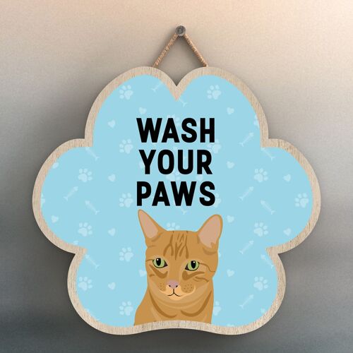 P5998 - Ginger Tabby Cat Wash Your Paws Katie Pearson Artworks Pawprint Shaped Wooden Hanging Plaque