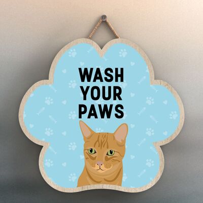 P5998 - Ginger Tabby Cat Wash Your Paws Katie Pearson Artworks Placa colgante de madera con forma de huella de huella