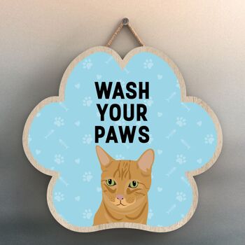 P5998 - Ginger Tabby Cat Wash Your Paws Katie Pearson Artworks Plaque à suspendre en bois en forme d'empreinte de patte 1