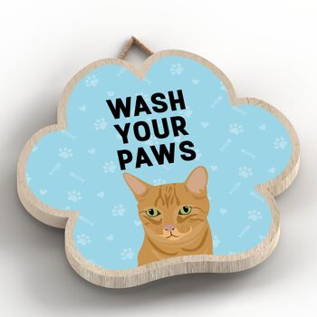 P5998 - Ginger Tabby Cat Wash Your Paws Katie Pearson Artworks Plaque à suspendre en bois en forme d'empreinte de patte 2