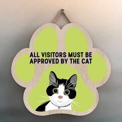 P5999 - Black & White Cat All Visitors Approved By The Cat Katie Pearson Artworks Pawprint Shaped Wooden Hanging Plaque