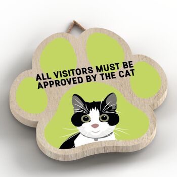 P5999 - Chat noir et blanc Tous les visiteurs approuvés par le chat Katie Pearson Artworks Plaque à suspendre en bois en forme d'empreinte de patte 2