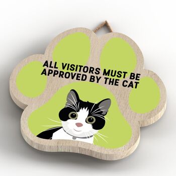 P5999 - Chat noir et blanc Tous les visiteurs approuvés par le chat Katie Pearson Artworks Plaque à suspendre en bois en forme d'empreinte de patte 3