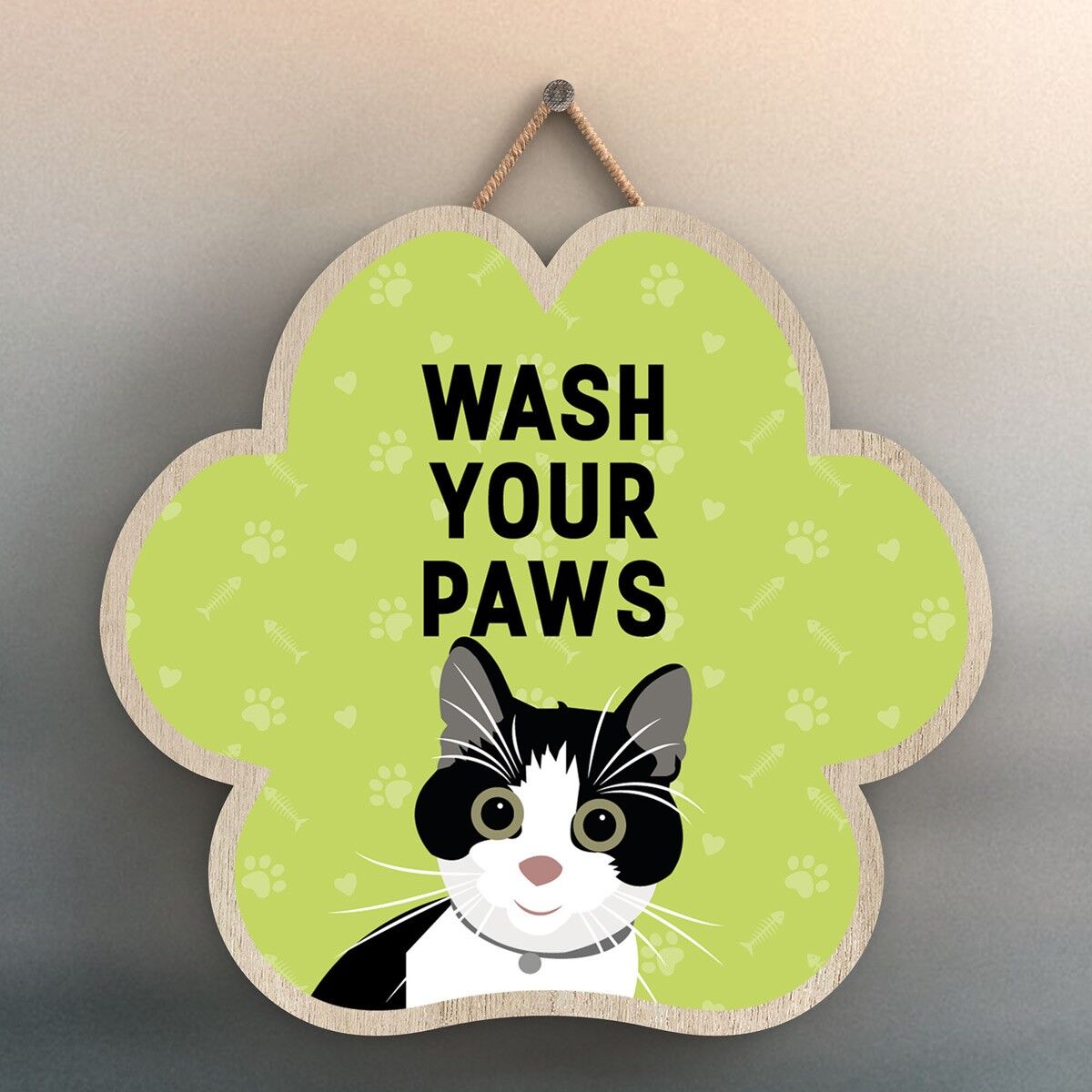 P6000 - Cat Wash Your Paws in bianco e nero Katie Pearson Artworks Placca da appendere in legno a forma di impronta di zampa