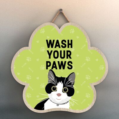 P6000 - Black & White Cat Wash Your Paws Katie Pearson Artworks Pawprint Shaped Wooden Hanging Plaque