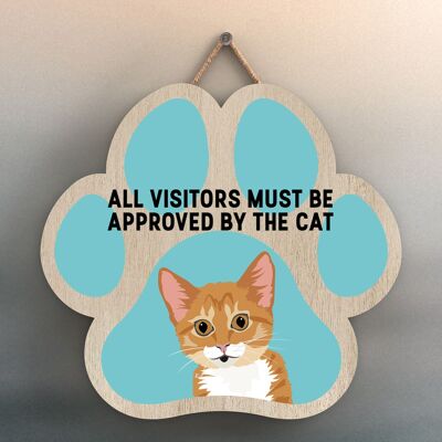 P6001 - Ginger Tabby Kitten All Visitors Approved By The Cat Katie Pearson Artworks Pawprint Shaped Wooden Hanging Plaque