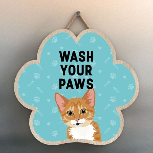 P6002 - Ginger Tabby Kitten Wash Your Paws Katie Pearson Artworks Pawprint Shaped Wooden Hanging Plaque