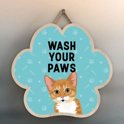 P6002 - Ginger Tabby Kitten Wash Your Paws Katie Pearson Artworks Placa colgante de madera con forma de huella de huella