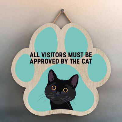 P6003 - Gato negro Todos los visitantes aprobados por el gato Katie Pearson Artworks Placa colgante de madera con forma de huella