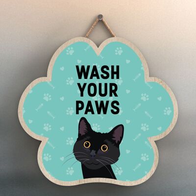 P6004 - Black Cat Wash Your Paws Katie Pearson Artworks Placa colgante de madera con forma de huella de huella