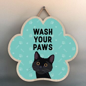 P6004 - Black Cat Wash Your Paws Katie Pearson Artworks Plaque à suspendre en bois en forme d'empreinte de patte 1