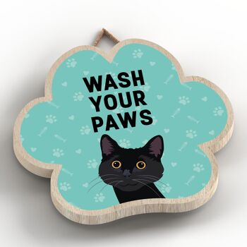 P6004 - Black Cat Wash Your Paws Katie Pearson Artworks Plaque à suspendre en bois en forme d'empreinte de patte 2