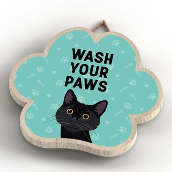 P6004 - Black Cat Wash Your Paws Katie Pearson Artworks Plaque à suspendre en bois en forme d'empreinte de patte 4
