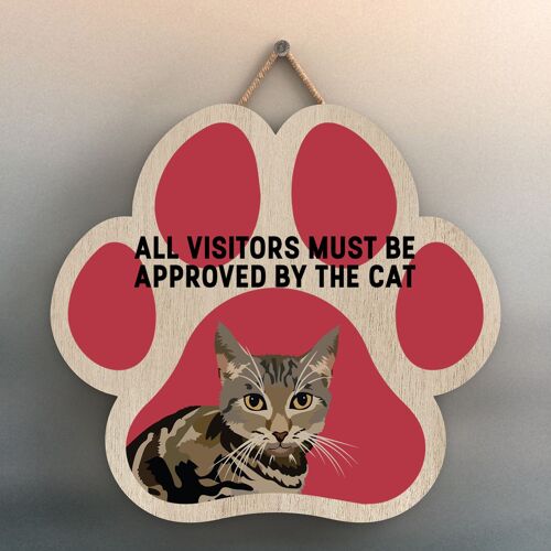 P6005 - Tabby Cat All Visitors Approved By The Cat Katie Pearson Artworks Pawprint Shaped Wooden Hanging Plaque