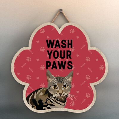 P6006 - Tabby Cat Wash Your Paws Katie Pearson Artworks Pawprint Shaped Wooden Hanging Plaque