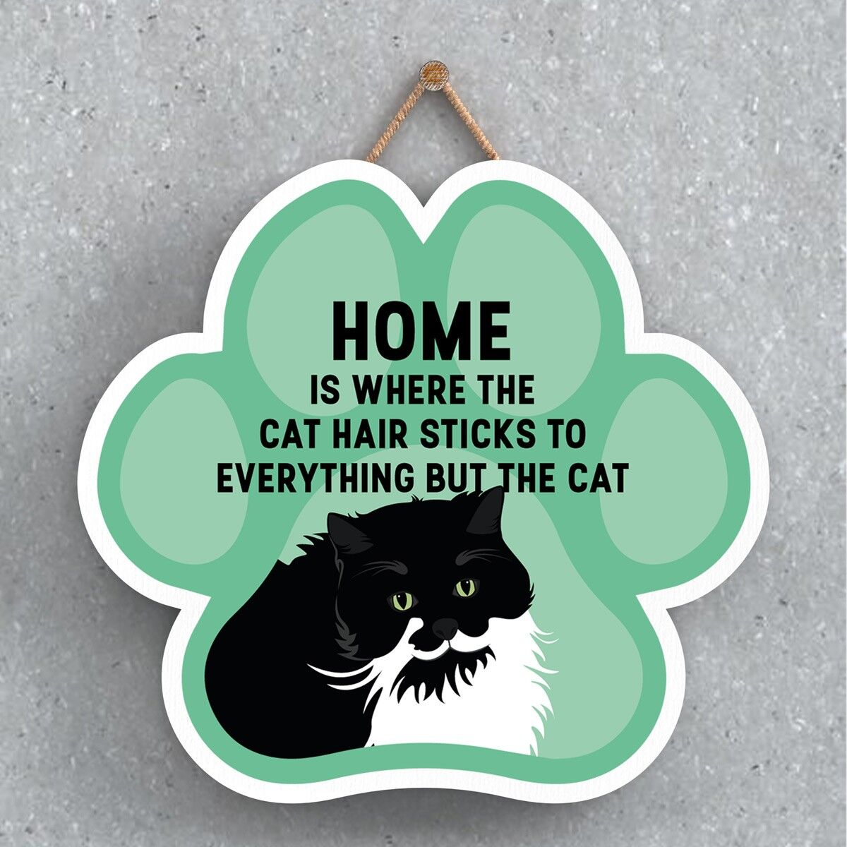 P6012 - Poils de chat noir et blanc colle à tout Katie Pearson Artworks Plaque à suspendre en bois en forme d'empreinte de patte