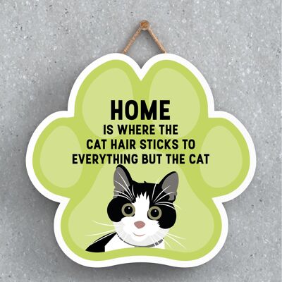 P6015 - Black & White Cat Hair Sticks To Everything Katie Pearson Artworks Pawprint Shaped Wooden Hanging Plaque