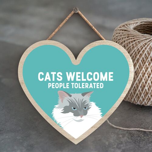 P6019 - White Cats Welcome People Tolerated Katie Pearson Artworks Heart Shaped Wooden Hanging Plaque