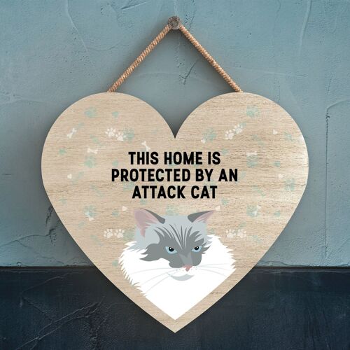 P6020 - White Cat Home Protected Attack Cat Katie Pearson Artworks Heart Shaped Wooden Hanging Plaque