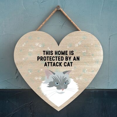 P6020 - White Cat Home Protected Attack Cat Katie Pearson Artworks Targa da appendere in legno a forma di cuore