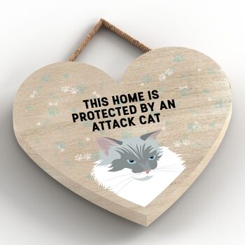 P6020 - White Cat Home Protected Attack Cat Katie Pearson Artworks Plaque à suspendre en bois en forme de cœur 2