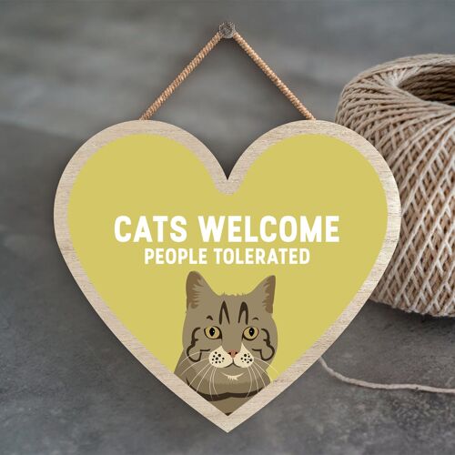 P6021 - Tabby Cats Welcome People Tolerated Katie Pearson Artworks Heart Shaped Wooden Hanging Plaque