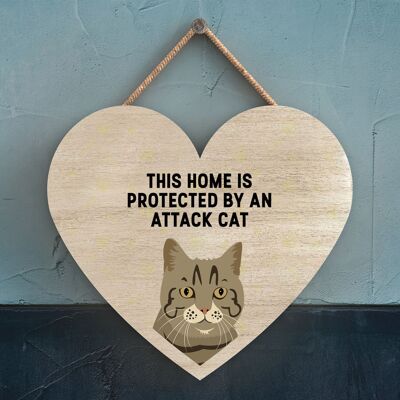 P6022 - Tabby Cat Home Protected Attack Cat Katie Pearson Artworks Heart Shaped Wooden Hanging Plaque