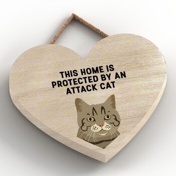P6022 - Tabby Cat Home Protected Attack Cat Katie Pearson Artworks Plaque à suspendre en bois en forme de cœur 2