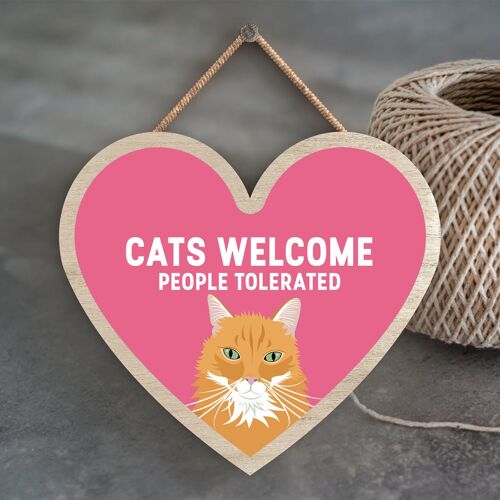 P6023 - Ginger Cats Welcome People Tolerated Katie Pearson Artworks Heart Shaped Wooden Hanging Plaque