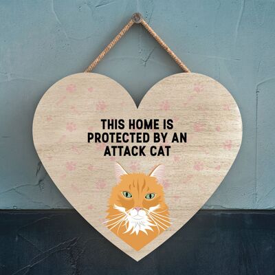 P6024 - Ginger Cat Home Protected Attack Cat Katie Pearson Artworks Heart Shaped Wooden Hanging Plaque