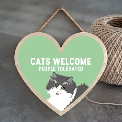 P6025 - Grey & White Cats Welcome People Tolerated Katie Pearson Artworks Heart Shaped Wooden Hanging Plaque