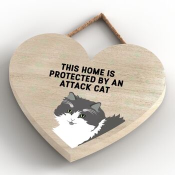 P6026 - Chat gris et blanc Home Protected Attack Cat Katie Pearson Artworks Plaque à suspendre en bois en forme de cœur 4