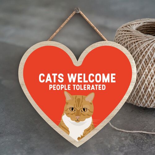 P6027 - Ginger Tabby Cats Welcome People Tolerated Katie Pearson Artworks Heart Shaped Wooden Hanging Plaque