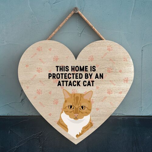 P6028 - Ginger Tabby Cat Home Protected Attack Cat Katie Pearson Artworks Heart Shaped Wooden Hanging Plaque