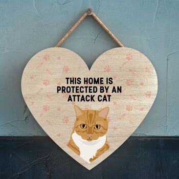 P6028 - Ginger Tabby Cat Home Protected Attack Cat Katie Pearson Artworks Plaque à suspendre en bois en forme de cœur 1